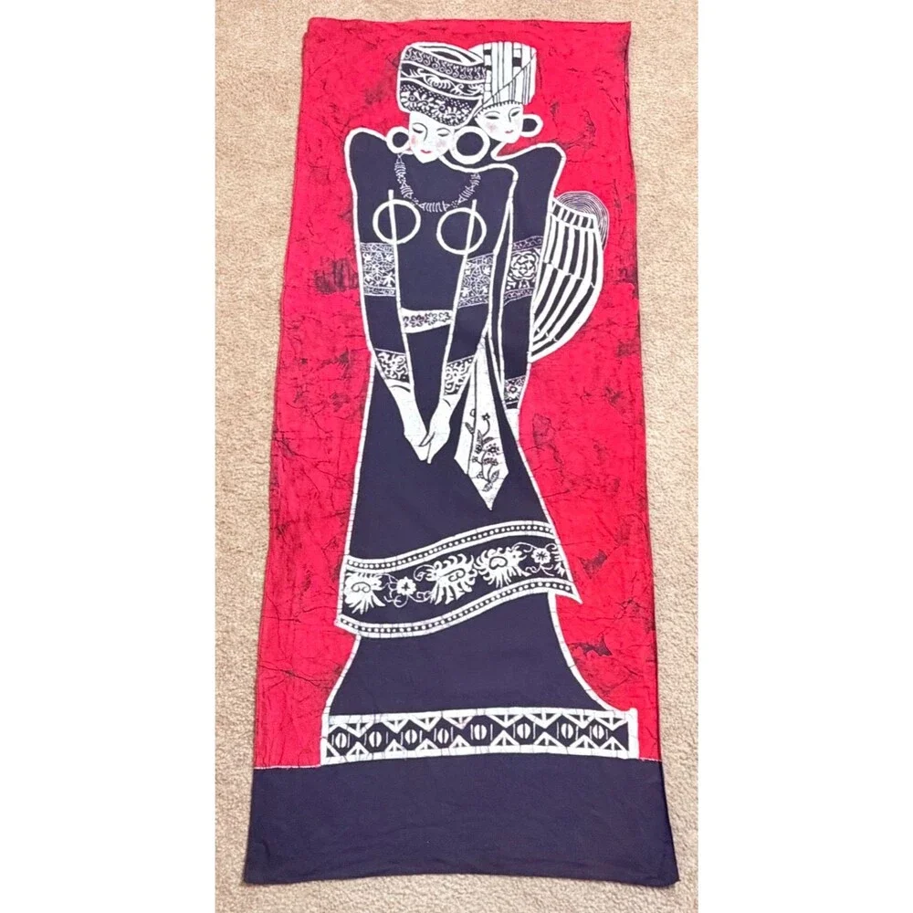 Vintage Merchant Twins Batik Wall Hanging 51x21 Two Women Textile Art Boho